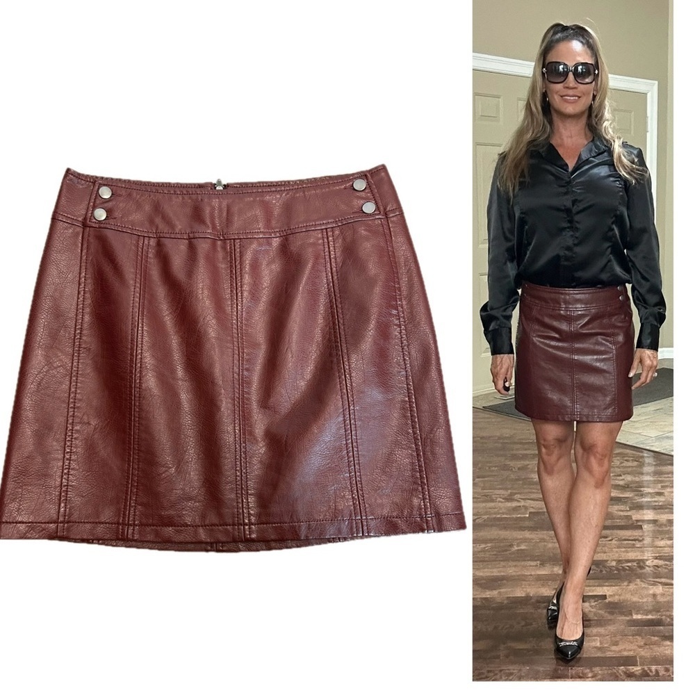 Free People burgundy mahogany faux leather mini skirt pleather vegan 10 auburn